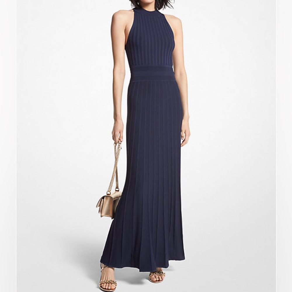Michael Kors Ribbed Stretch Knit Halter Dress Black Size L NWT